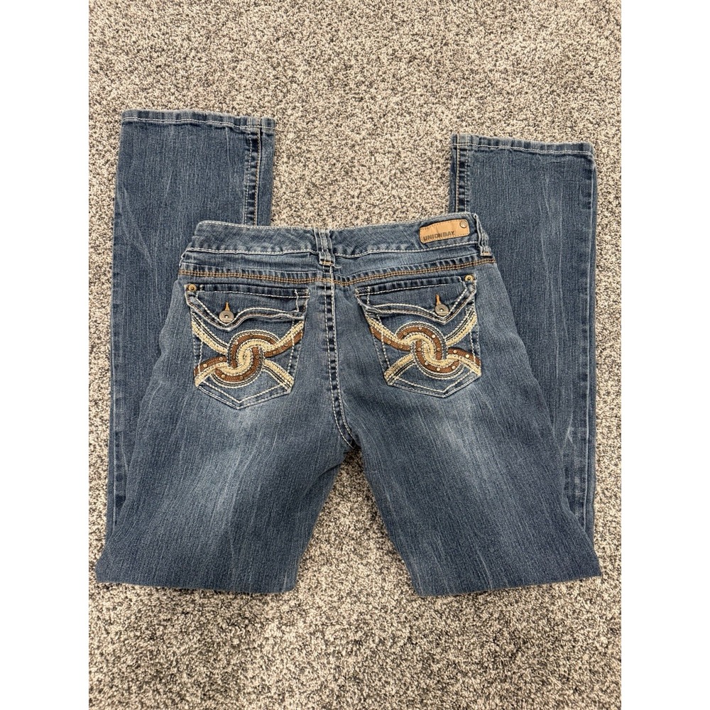 Y2K Union Bay Low Rise Jeans Distressed Denim True Boot Flap Pockets Women's 7